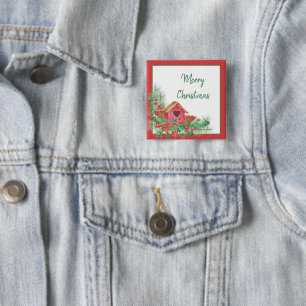 Leuke waterverf vogelhuisje Kerstvakantie Vierkante Button 5,1 Cm
