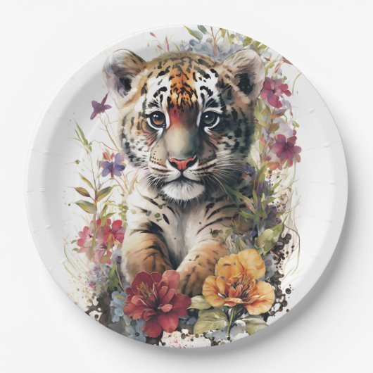 Leuke Waterverf Wild Tiger Cub Kids Verjaardag Papieren Bordje (Voorkant)