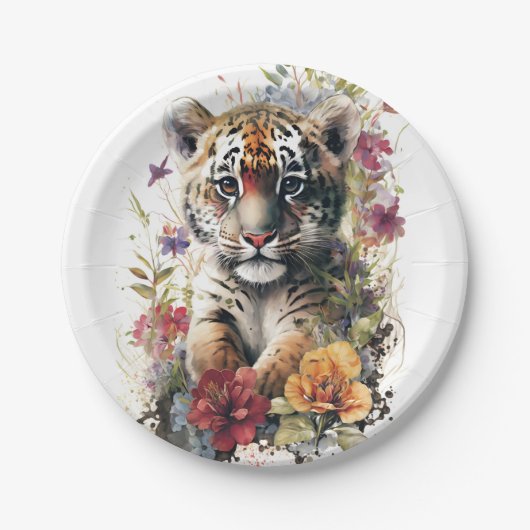 Leuke Waterverf Wild Tiger Cub Kids Verjaardag Papieren Bordje (Voorkant)