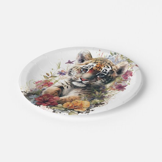 Leuke Waterverf Wild Tiger Cub Kids Verjaardag Papieren Bordje (Gekanteld)