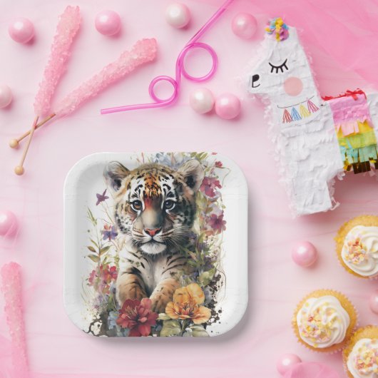 Leuke Waterverf Wild Tiger Cub Kids Verjaardag Papieren Bordje (Feest)