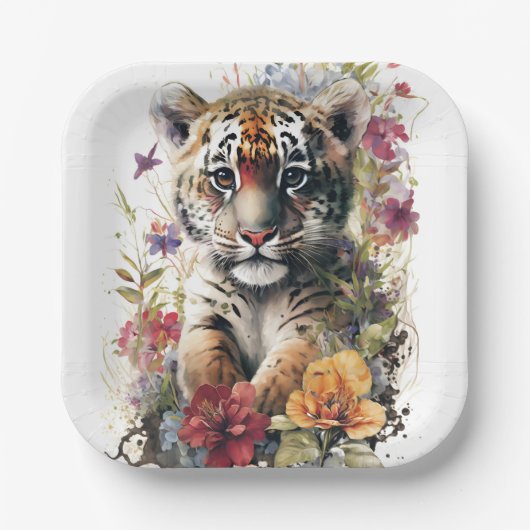 Leuke Waterverf Wild Tiger Cub Kids Verjaardag Papieren Bordje (Voorkant)