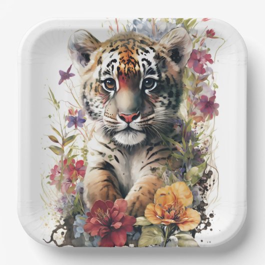Leuke Waterverf Wild Tiger Cub Kids Verjaardag Papieren Bordje (Voorkant)
