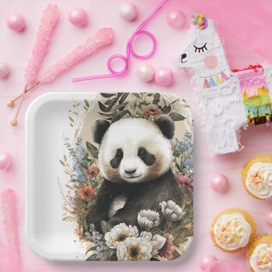 Leuke Waterverf Wildflower Panda Beer Verjaardag Papieren Bordje (Feest)