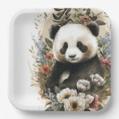 Leuke Waterverf Wildflower Panda Beer Verjaardag Papieren Bordje (Voorkant)