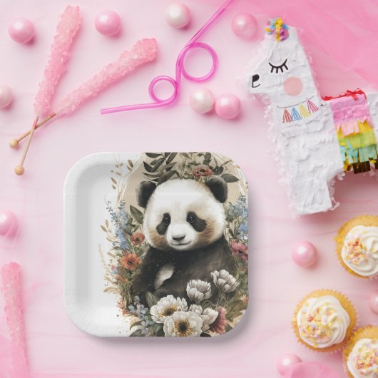 Leuke Waterverf Wildflower Panda Beer Verjaardag Papieren Bordje (Feest)