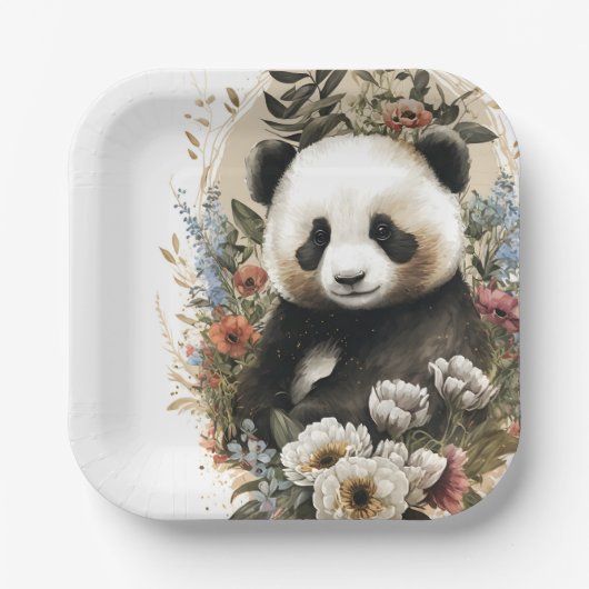 Leuke Waterverf Wildflower Panda Beer Verjaardag Papieren Bordje (Voorkant)