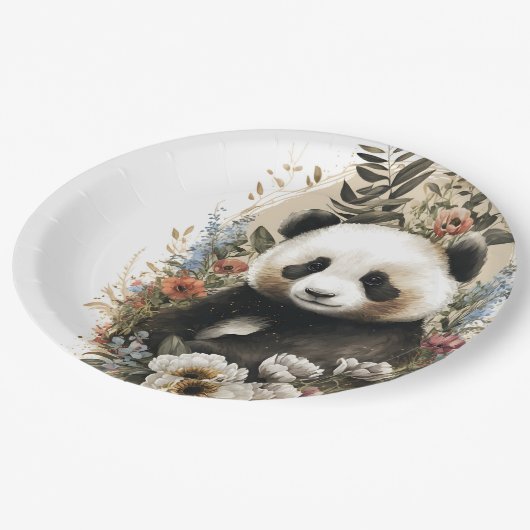 Leuke Waterverf Wildflower Panda Beer Verjaardag Papieren Bordje (Gekanteld)