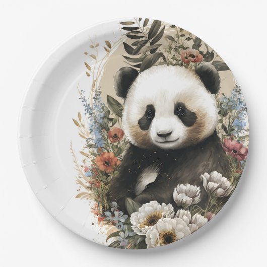 Leuke Waterverf Wildflower Panda Beer Verjaardag Papieren Bordje (Voorkant)