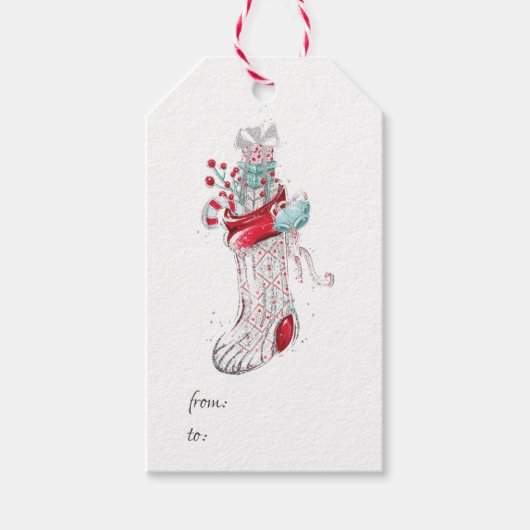 Leuke waterverf Winter Kerstmis kous Cadeaulabel (Voorkant)
