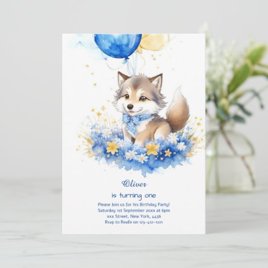 Leuke Waterverf Wolf Eerste Verjaardagsuitnodiging Kaart (Staand voorkant)