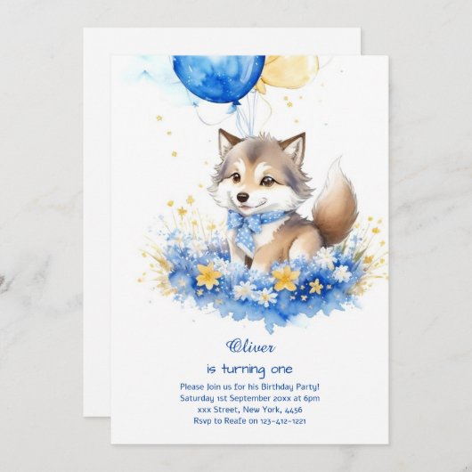 Leuke Waterverf Wolf Eerste Verjaardagsuitnodiging Kaart (Voorkant / Achterkant)