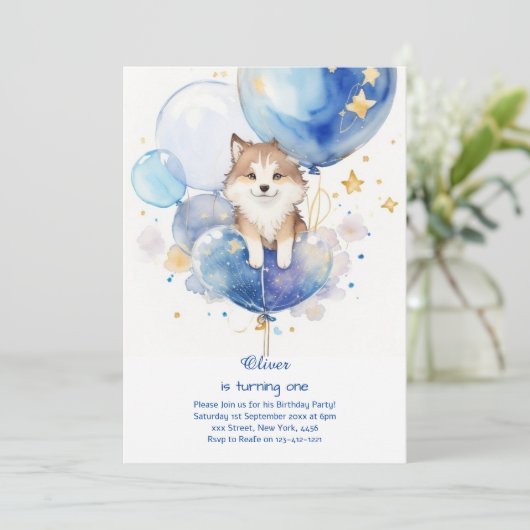 Leuke Waterverf Wolf Eerste Verjaardagsuitnodiging Kaart (Staand voorkant)