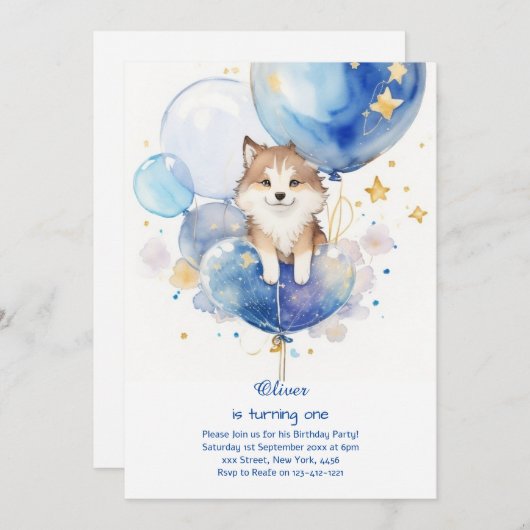 Leuke Waterverf Wolf Eerste Verjaardagsuitnodiging Kaart (Voorkant / Achterkant)