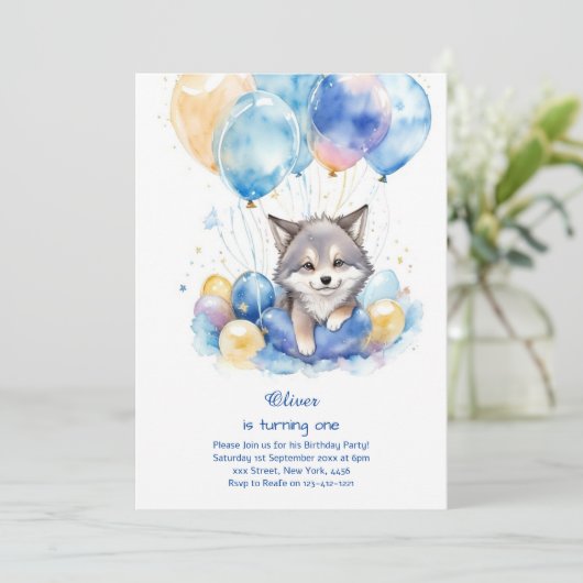 Leuke Waterverf Wolf Eerste Verjaardagsuitnodiging Kaart (Staand voorkant)