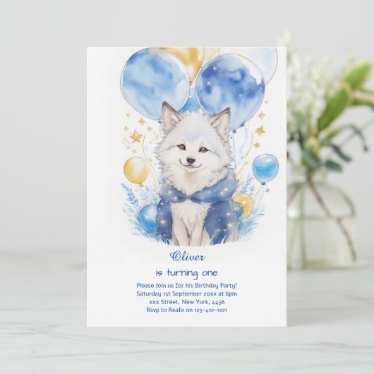 Leuke Waterverf Wolf Eerste Verjaardagsuitnodiging Kaart (Staand voorkant)