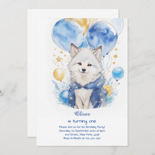 Leuke Waterverf Wolf Eerste Verjaardagsuitnodiging Kaart (Voorkant / Achterkant)