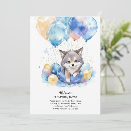 Leuke Waterverf Wolf Pup Verjaardagsuitnodiging Kaart (Staand voorkant)