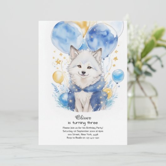 Leuke Waterverf Wolf Pup Verjaardagsuitnodiging Kaart (Staand voorkant)