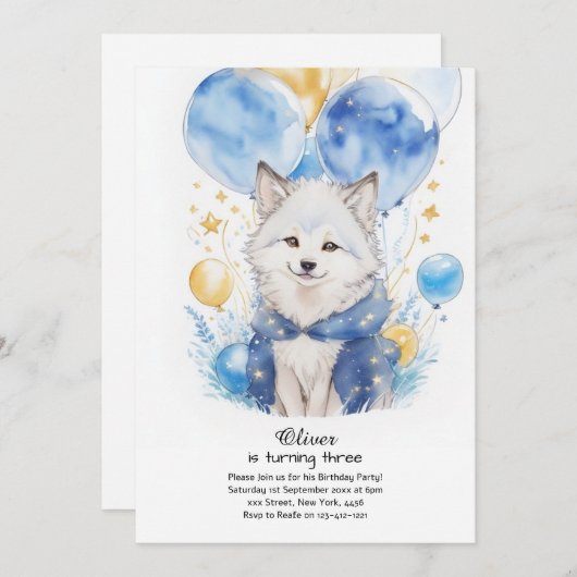 Leuke Waterverf Wolf Pup Verjaardagsuitnodiging Kaart (Voorkant / Achterkant)