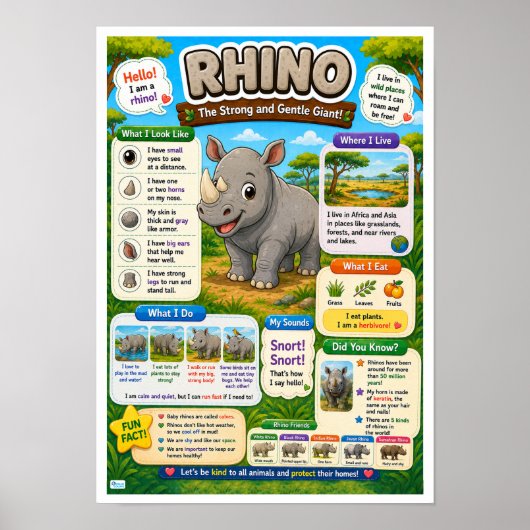 Leuke weetjes over neushoorns voor kinderen poster (Voorkant)