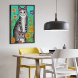 Leuke Whimsical Folk Art Kat en Kitten Quote Poster