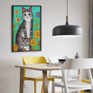 Leuke Whimsical Folk Art Kat en Kitten Quote Poster