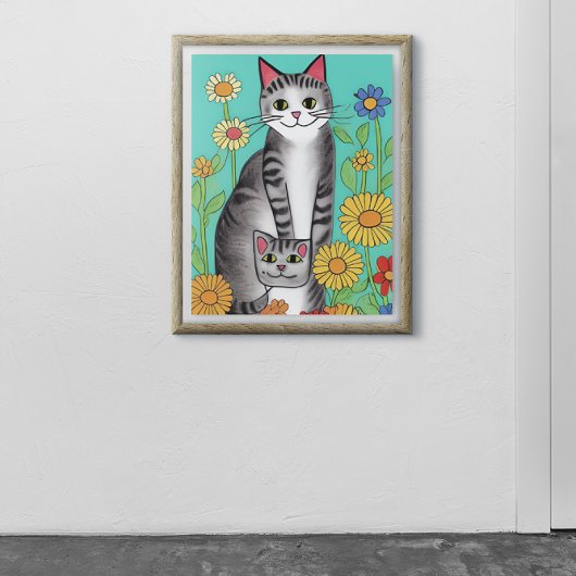 Leuke Whimsical Folk Art Kat en Kitten Quote Poster