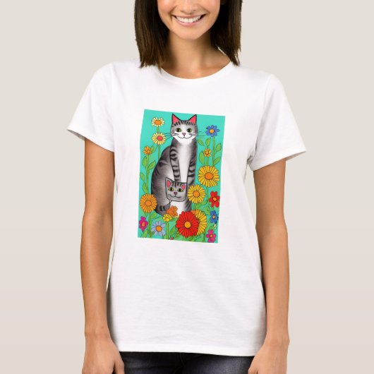 Leuke Whimsical Folk Art Kat en Kitten Quote T-shirt (Voorkant)