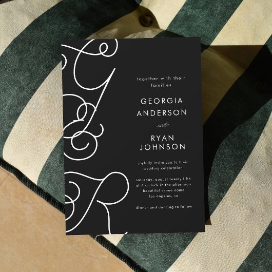 Leuke Whimsical Script Monogram Zwart Witte Trouwd Kaart