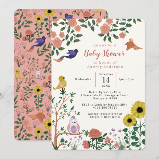 Leuke Wild Flower and Birds Tea Party Baby shower Kaart (Voorkant / Achterkant)