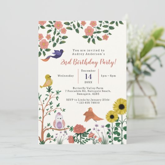 Leuke Wilde Bloem en Vogels Thee Party 2e Verjaard Kaart (Staand voorkant)