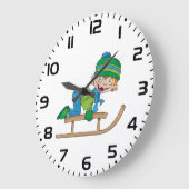 Leuke Winter Sledding Boy Schattige Sneeuwavontuur Grote Klok (Hoek)