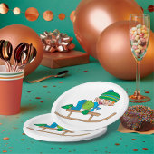 Leuke Winter Sledding Boy Schattige Sneeuwavontuur Papieren Bordje