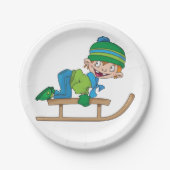 Leuke Winter Sledding Boy Schattige Sneeuwavontuur Papieren Bordje (Voorkant)
