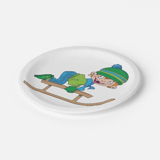 Leuke Winter Sledding Boy Schattige Sneeuwavontuur Papieren Bordje (Gekanteld)