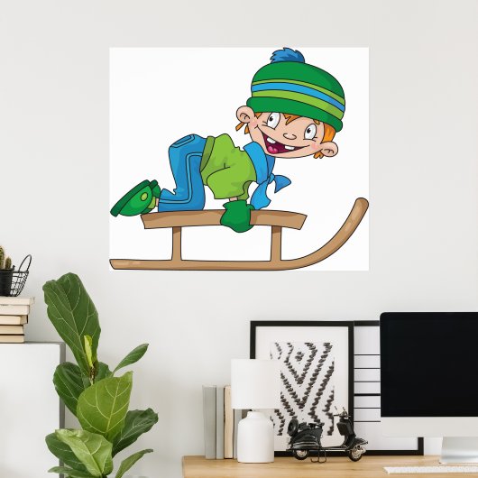 Leuke Winter Sledding Boy Schattige Sneeuwavontuur Poster (Thuiskantoor)