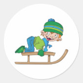 Leuke Winter Sledding Boy Schattige Sneeuwavontuur Ronde Sticker (Voorkant)