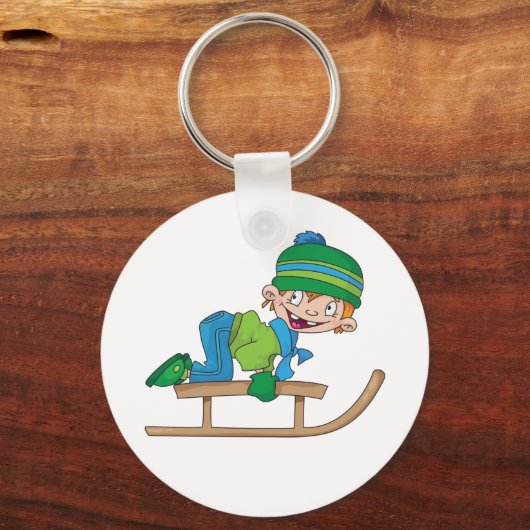 Leuke Winter Sledding Boy Schattige Sneeuwavontuur Sleutelhanger (Voorkant)