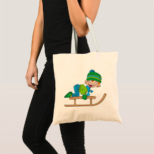 Leuke Winter Sledding Boy Schattige Sneeuwavontuur Tote Bag