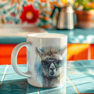 Leuke witte alpaca met een zonnebril koffiemok