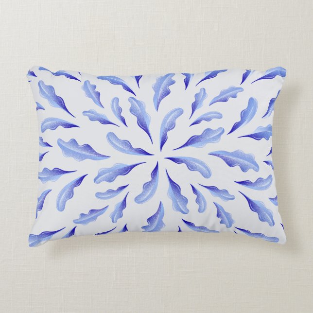 Leuke witte blauwe eenvoudige bladeren bloemen accent kussen (Voorkant)