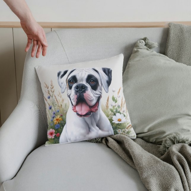 Leuke witte boxerhond in de bloemen kussen (Creator heeft geüpload)