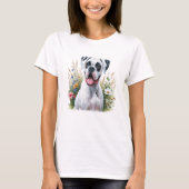 Leuke Witte Boxerhond Tussen de Bloemen T-shirt (Voorkant)