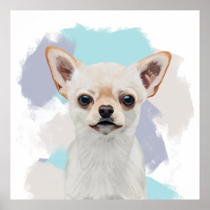 Leuke witte chihuahua hond Abstracte blauwe achter Poster