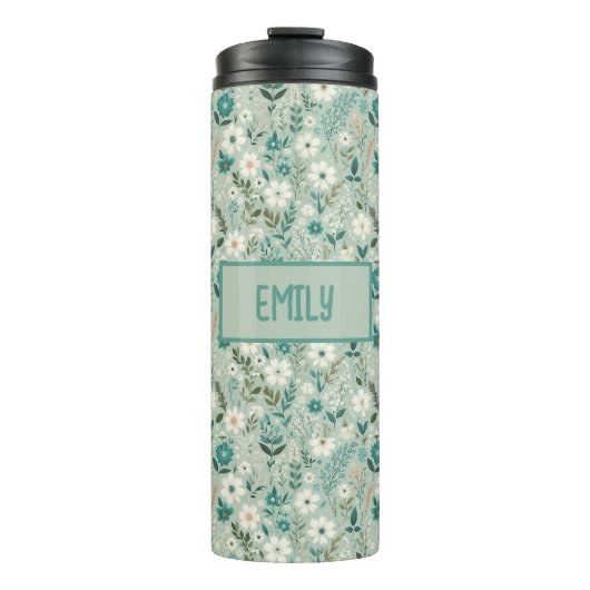 Leuke witte Daisy Blauwgroen Bloemen Thermosbeker (Voorkant)
