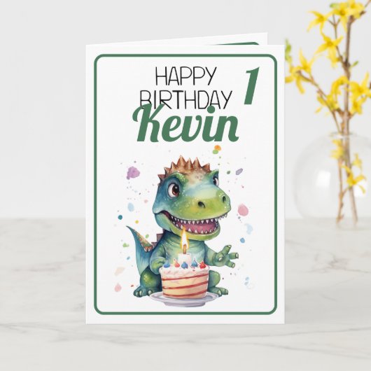 Leuke witte en groene dinosaurus jongen 1e verjaar kaart (Gele Bloem)