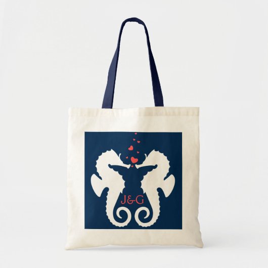 Leuke witte en marineblauwe zeepaardjes tote bag (Voorkant)