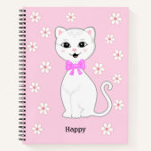 Leuke witte kat & bloemen op lichtroze notitieboek (Voorkant)