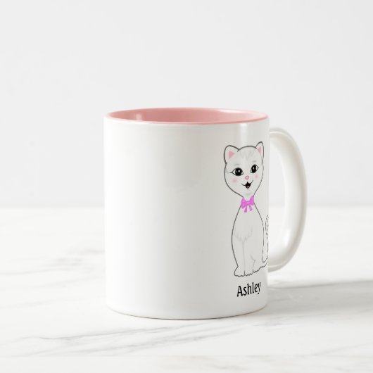 Leuke witte kat Cartoon gepersonaliseerd Tweekleurige Koffiemok (Voorkant rechts)
